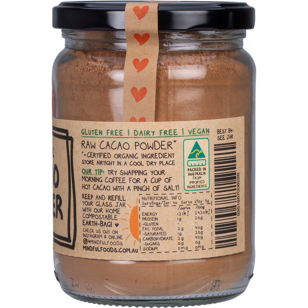 Mindful Foods 200g tub of Raw Organic Cacao Powder featuring a dark label with botanical illustrations.