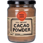 Mindful Foods 200g tub of Cacao Powder Raw Organic featuring a dark label with botanical illustrations.