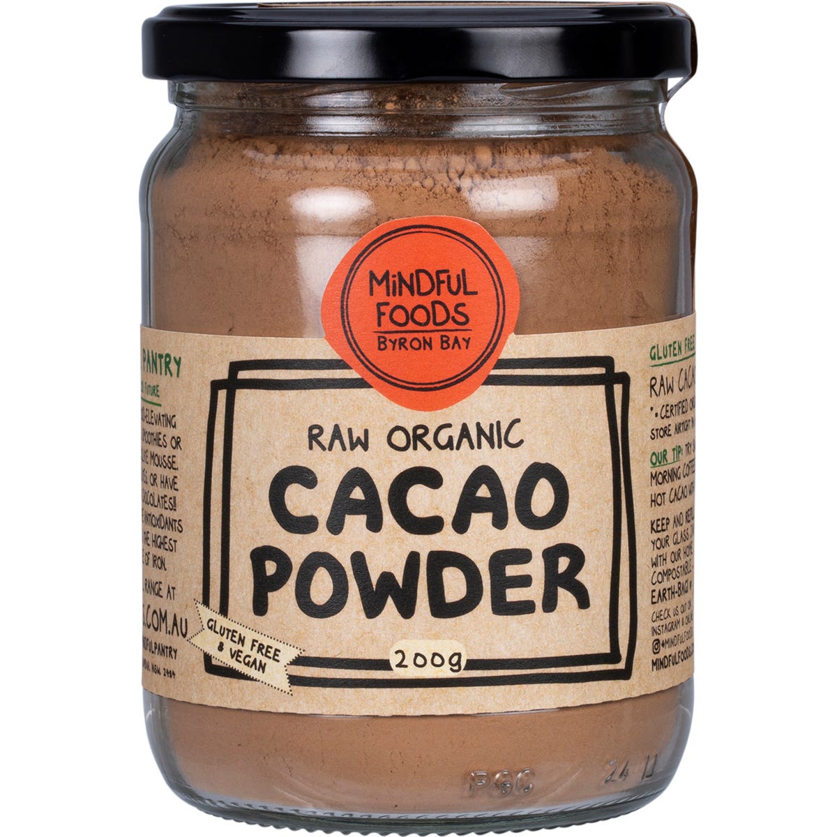Mindful Foods 200g tub of Cacao Powder Raw Organic featuring a dark label with botanical illustrations.
