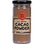 80g glass jar of Mindful Foods Raw Organic Cacao Powder with a brown and white label.