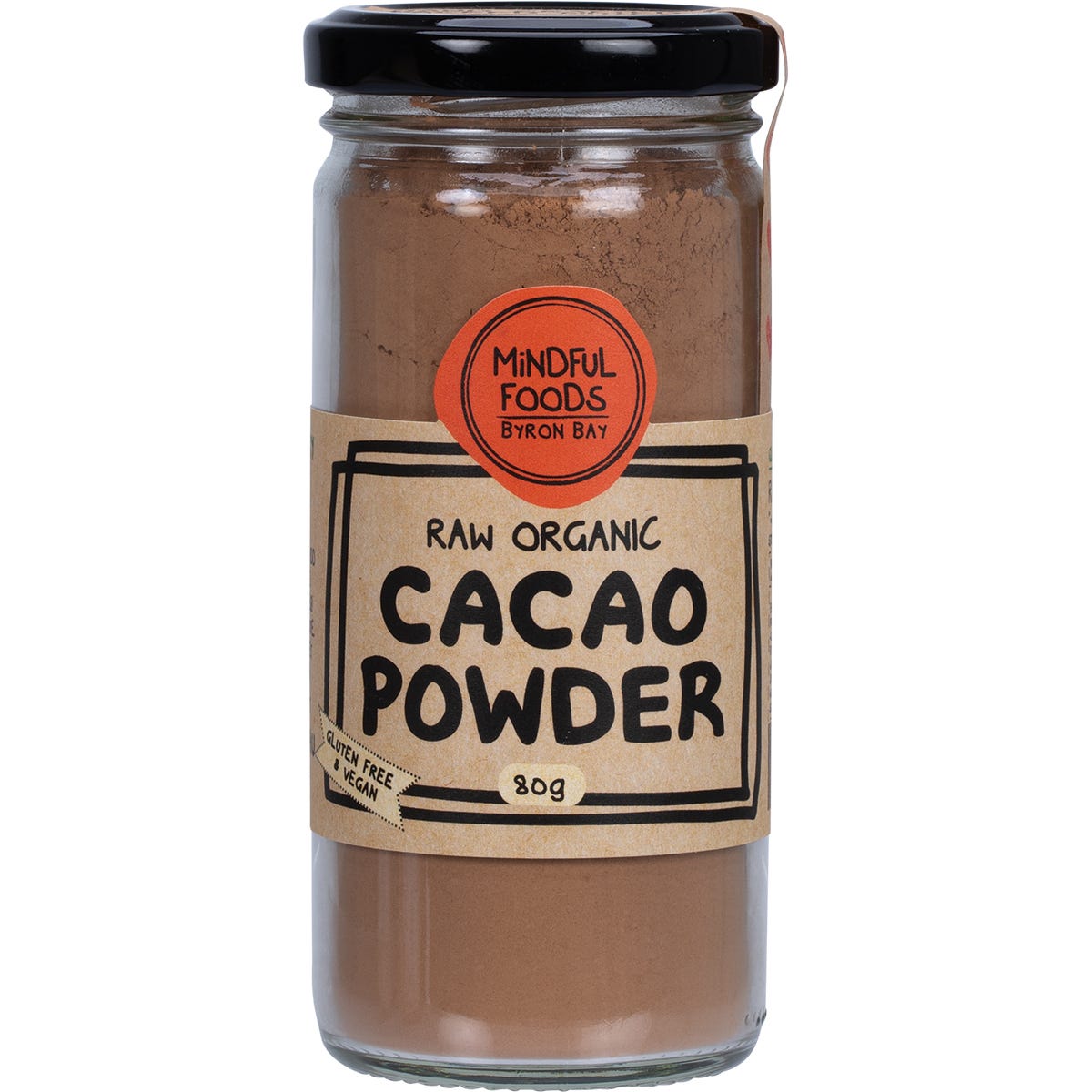 80g glass jar of Mindful Foods Raw Organic Cacao Powder with a brown and white label.