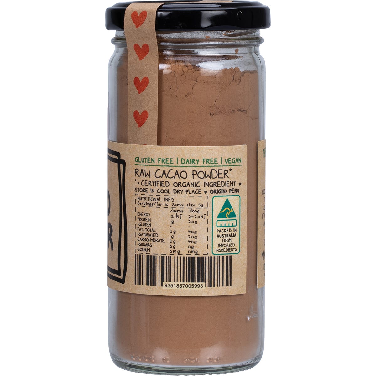 80g glass jar of Mindful Foods Raw Organic Cacao Powder with a brown and white label on a white background.
