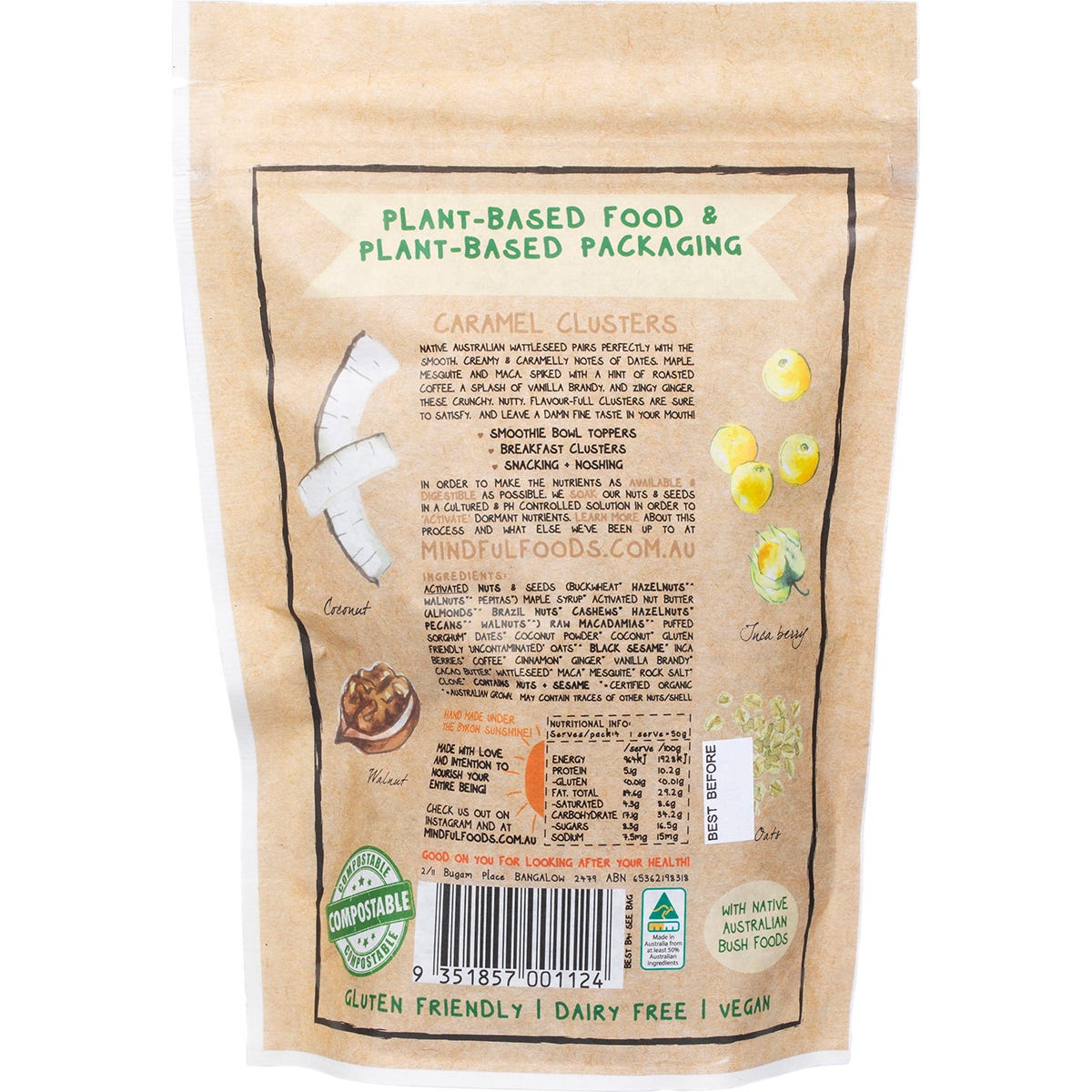 Mindful Foods 200g bag of organic activated Caramel Clusters with native wattleseed on a white background.