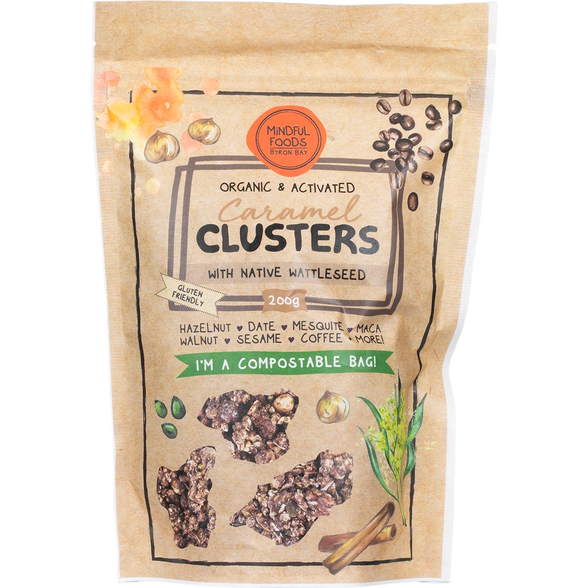 200g bag of Mindful Foods organic activated Caramel Clusters with native wattleseed on a white background.