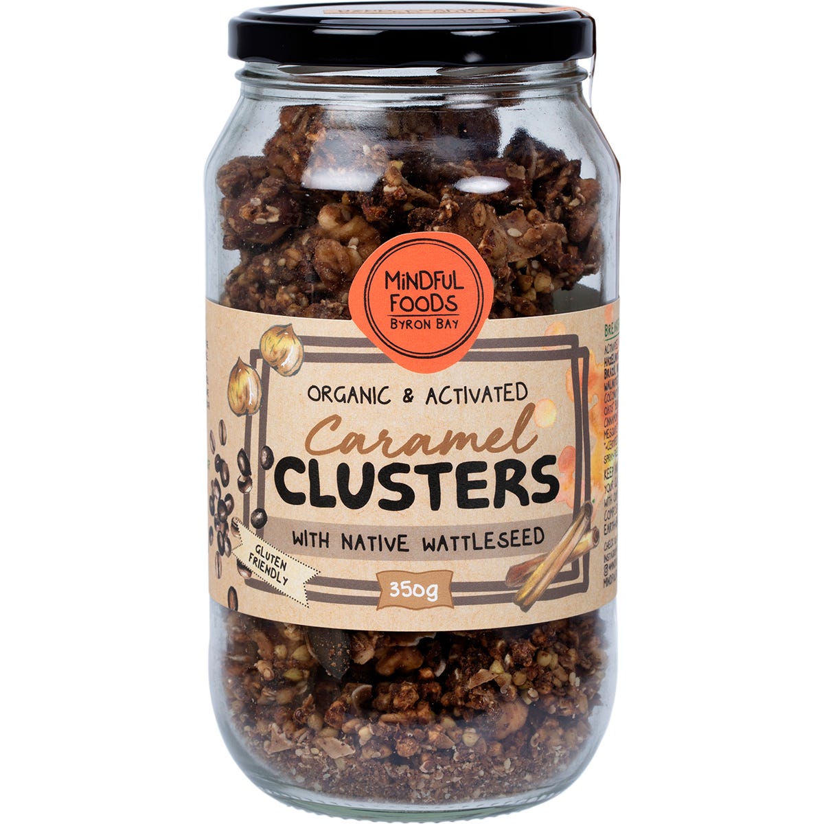 350g glass jar of Mindful Foods Caramel Clusters with Native Wattleseed, organic and activated.
