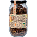 Back view of a 350g glass jar of Mindful Foods Caramel Clusters showing nutritional facts and organic ingredients.