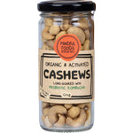 120g glass jar of Mindful Foods Organic and Activated Cashews with a blue and white label on a white background.
