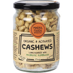 250g glass jar of Mindful Foods Organic & Activated Cashews with a white and gold label on a white background.