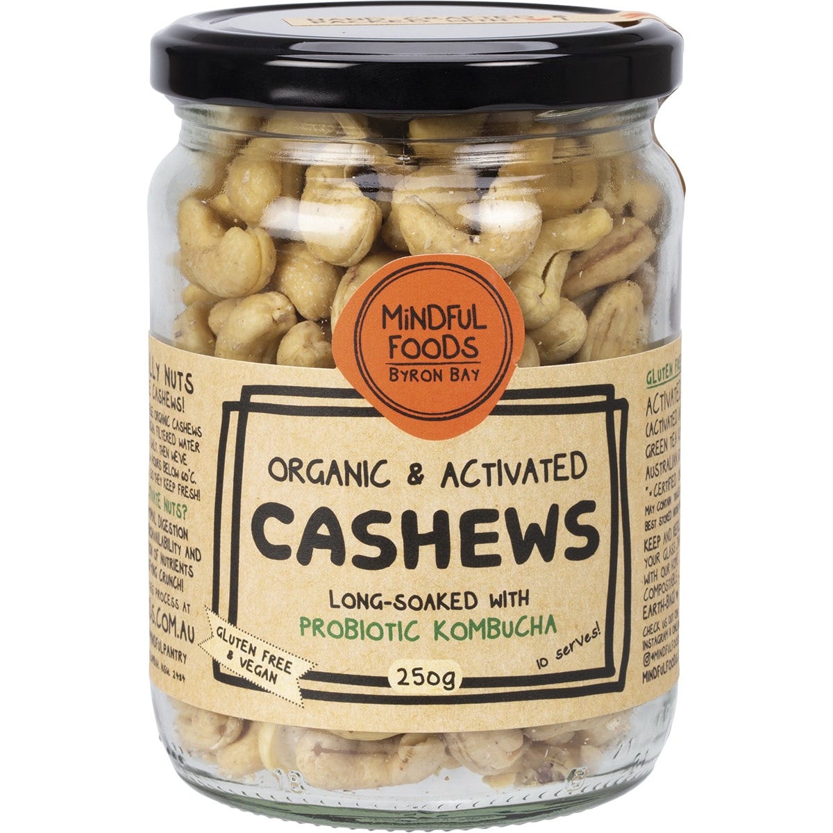 250g glass jar of Mindful Foods Organic & Activated Cashews with a white and gold label on a white background.