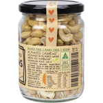 Side view of a Mindful Foods 250g glass jar of activated cashews showing product benefits on a white background.