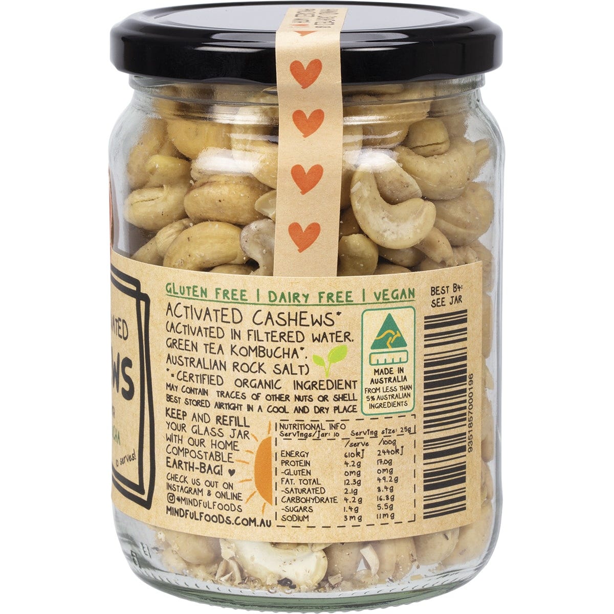 Side view of a Mindful Foods 250g glass jar of activated cashews showing product benefits on a white background.