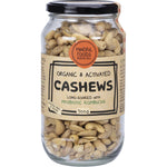 A 500g glass jar of Mindful Foods Organic & Activated Cashews featuring a blue and white label.