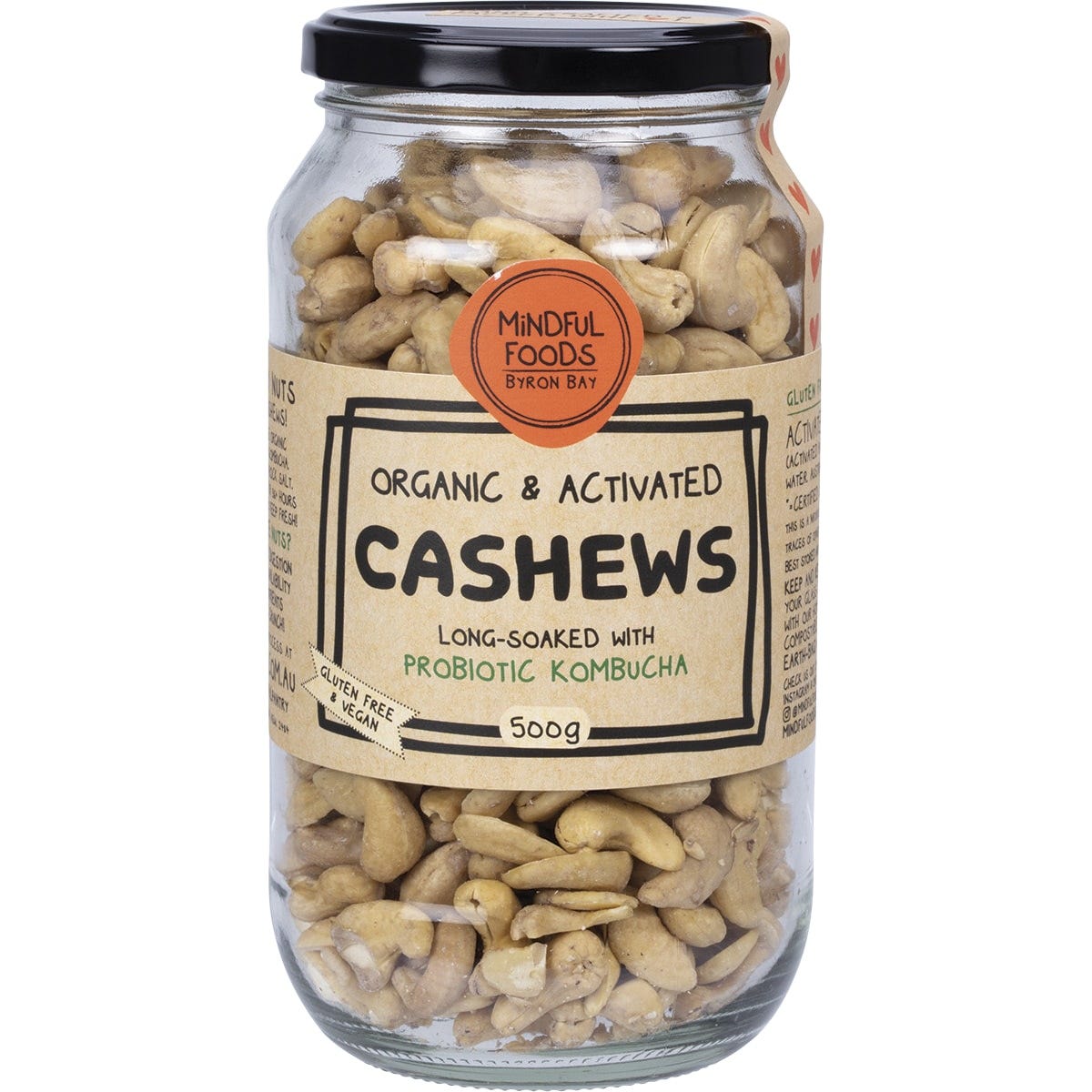 A 500g glass jar of Mindful Foods Organic & Activated Cashews featuring a blue and white label.