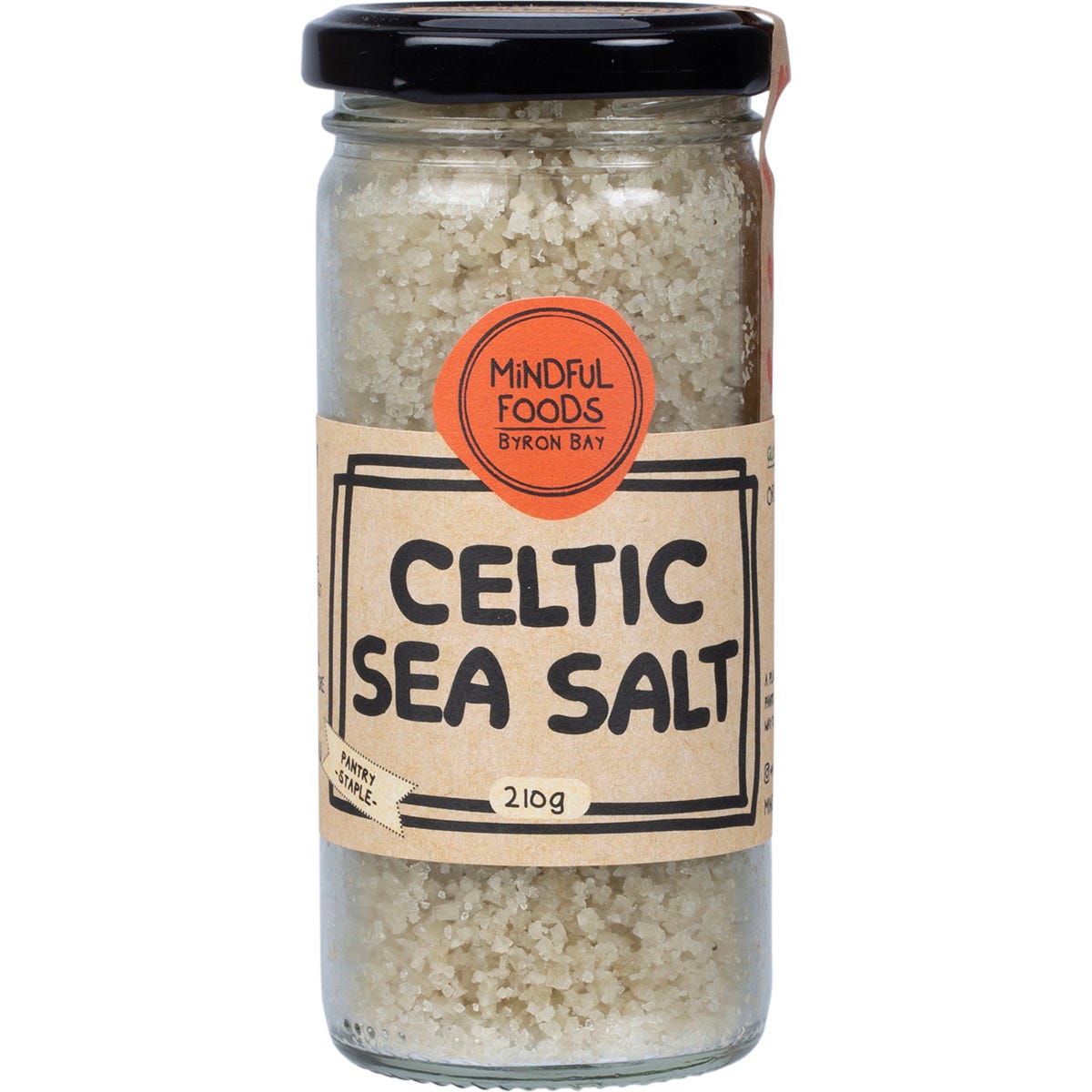 Mindful Foods Celtic Sea Salt 210g in a glass jar with a blue and white label on a white background.