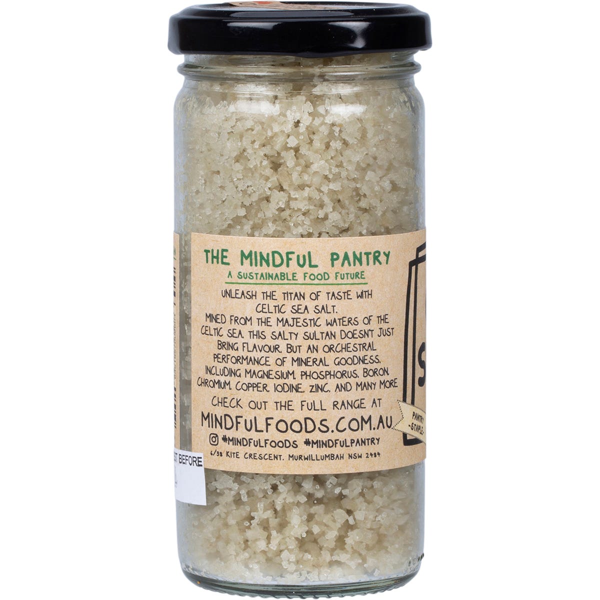 Mindful Foods Celtic Sea Salt 210g jar with coarse grey salt crystals and a blue label on a white background.