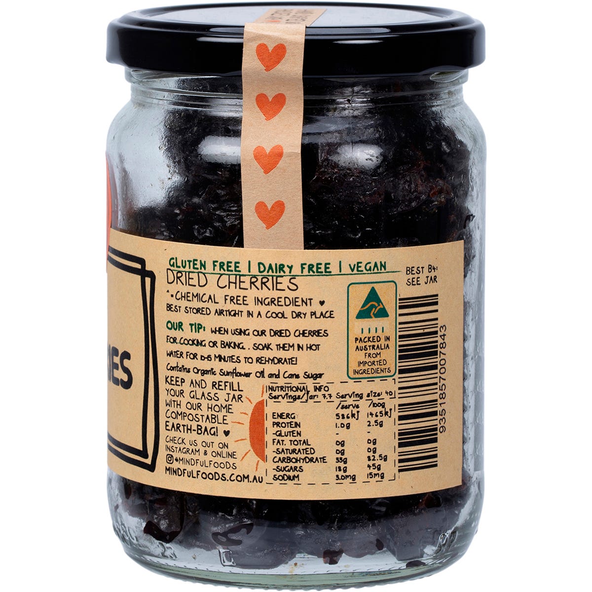 Mindful Foods 310g glass jar of organic dried cherries with a white and gold label on a white background.