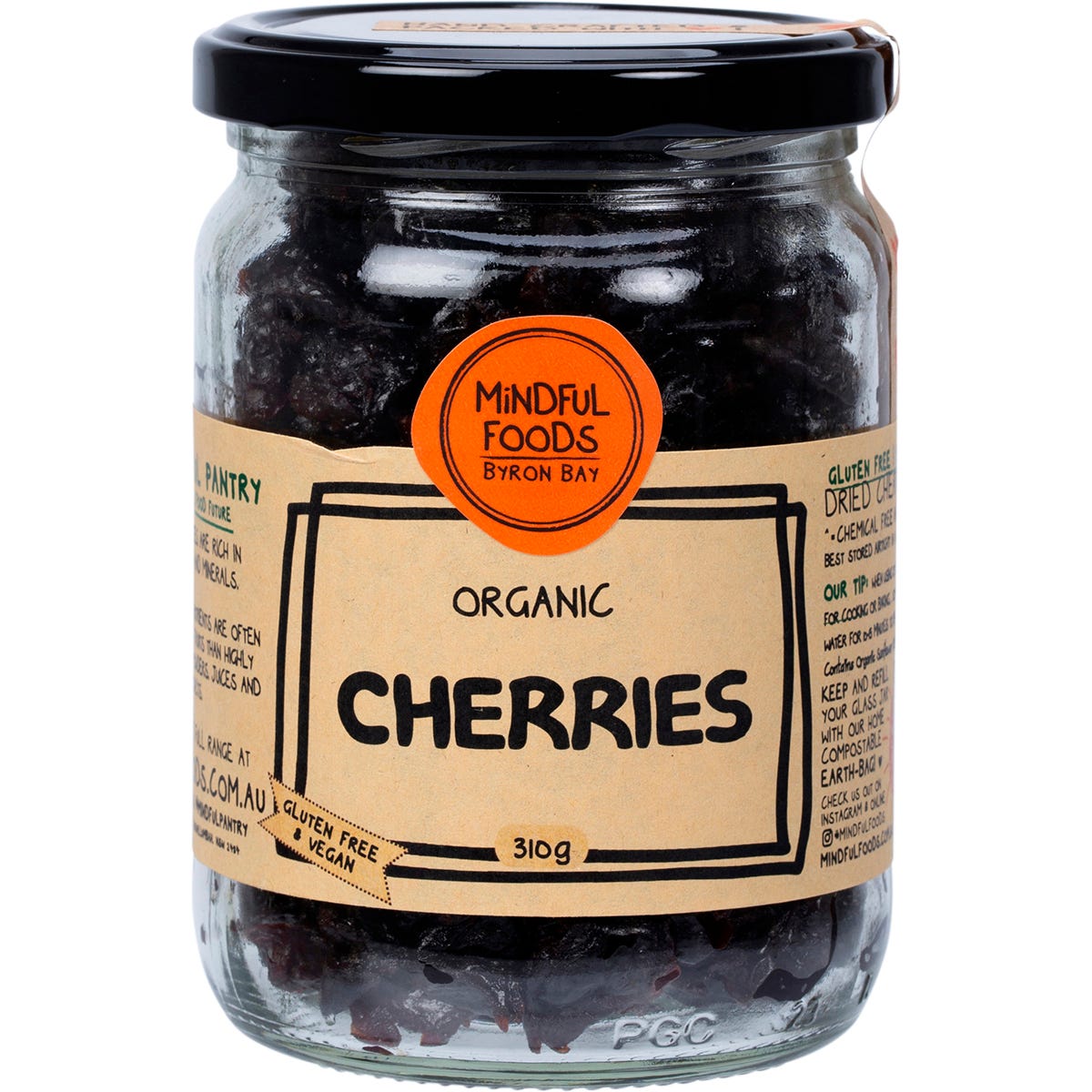 Mindful Foods organic dried cherries in a 310g glass jar with a white and gold label.