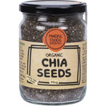 350g glass jar of Mindful Foods Organic Chia Seeds with black and white label featuring botanical illustrations.