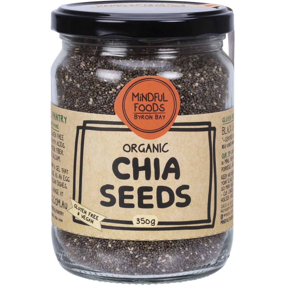 350g glass jar of Mindful Foods Organic Chia Seeds with black and white label featuring botanical illustrations.