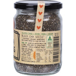 Close-up of a 350g glass jar of Mindful Foods Organic Chia Seeds against a white background.