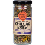 30g jar of Mindful Foods Chillax Brew organic herbal tea with floral notes of lavender and rose on a white background.