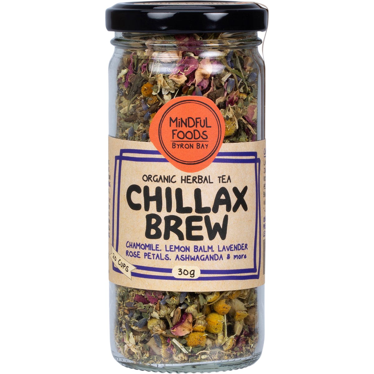 30g jar of Mindful Foods Chillax Brew organic herbal tea with floral notes of lavender and rose on a white background.