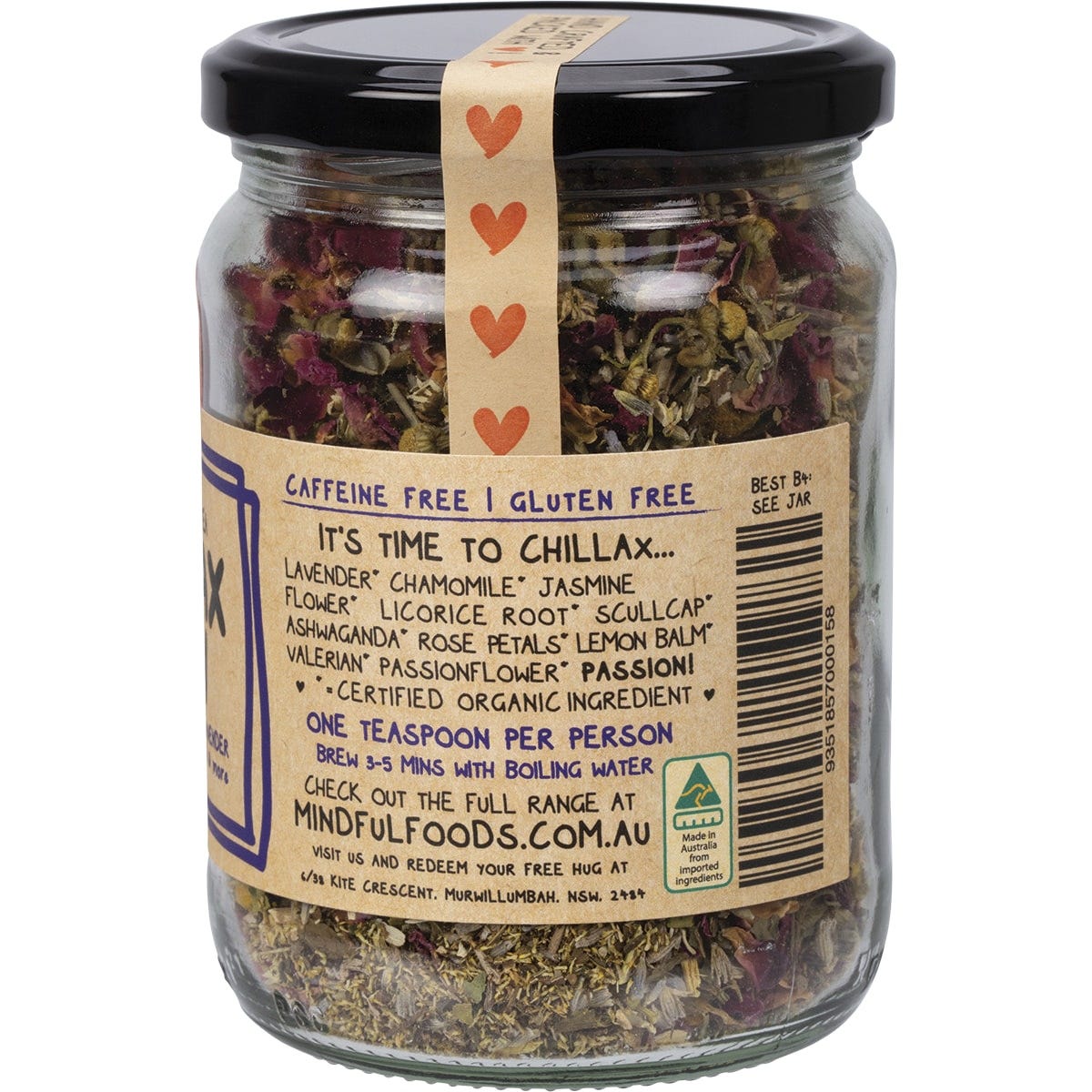 Close-up of Mindful Foods Chillax Brew 60g loose leaf tea blend with dried chamomile, lavender, and rose petals.
