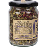Mindful Foods Chillax Brew 60g glass jar filled with organic herbal tea blend featuring lavender and chamomile flowers.