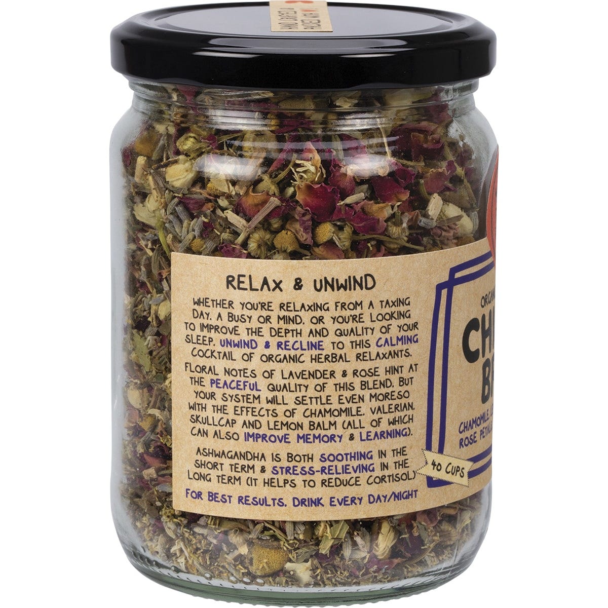 Mindful Foods Chillax Brew 60g glass jar filled with organic herbal tea blend featuring lavender and chamomile flowers.