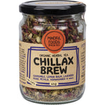 Mindful Foods Chillax Brew 60g jar of organic herbal tea with lavender, chamomile, and rose illustrations.