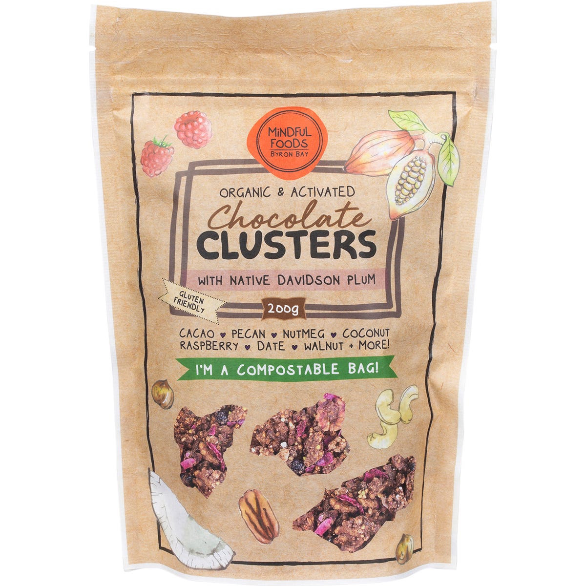 Mindful Foods Chocolate Clusters 200g bag with Davidson Plum, featuring organic and activated ingredients.