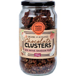 350g glass jar of Mindful Foods Chocolate Clusters with Davidson Plum, featuring a brown label and metal lid.