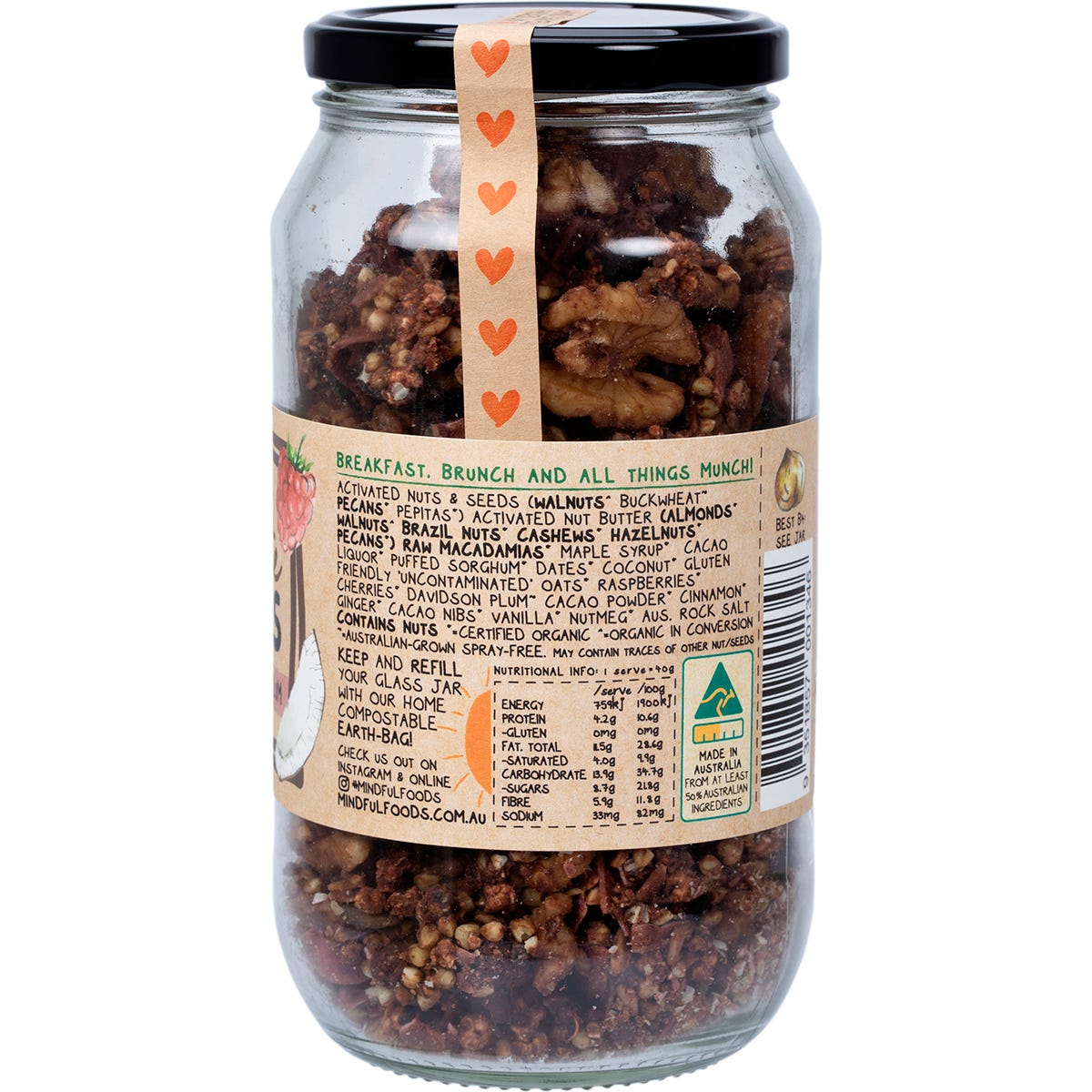 Glass jar of Mindful Foods Chocolate Davidson Plum Clusters with a brown label on a white background.
