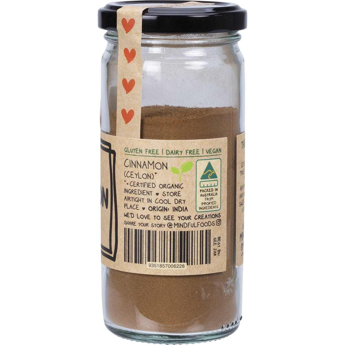 Back of Mindful Foods Organic Cinnamon 80g jar showing nutrition facts, ingredients, and product details.