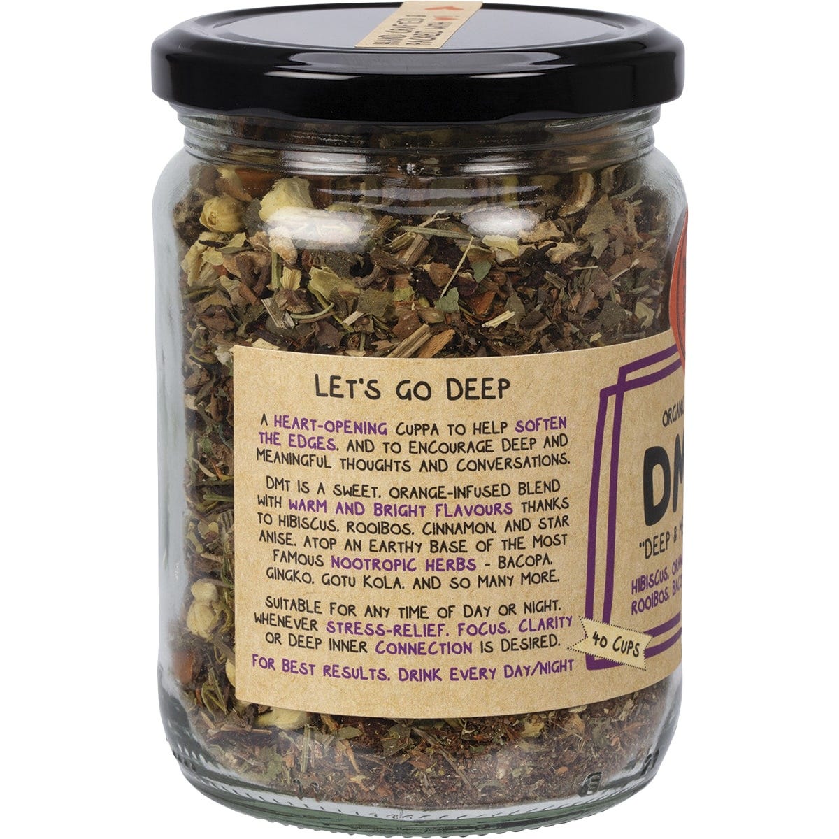Mindful Foods DMTea 100g glass jar with an orange label, showcasing organic herbal tea ingredients inside.