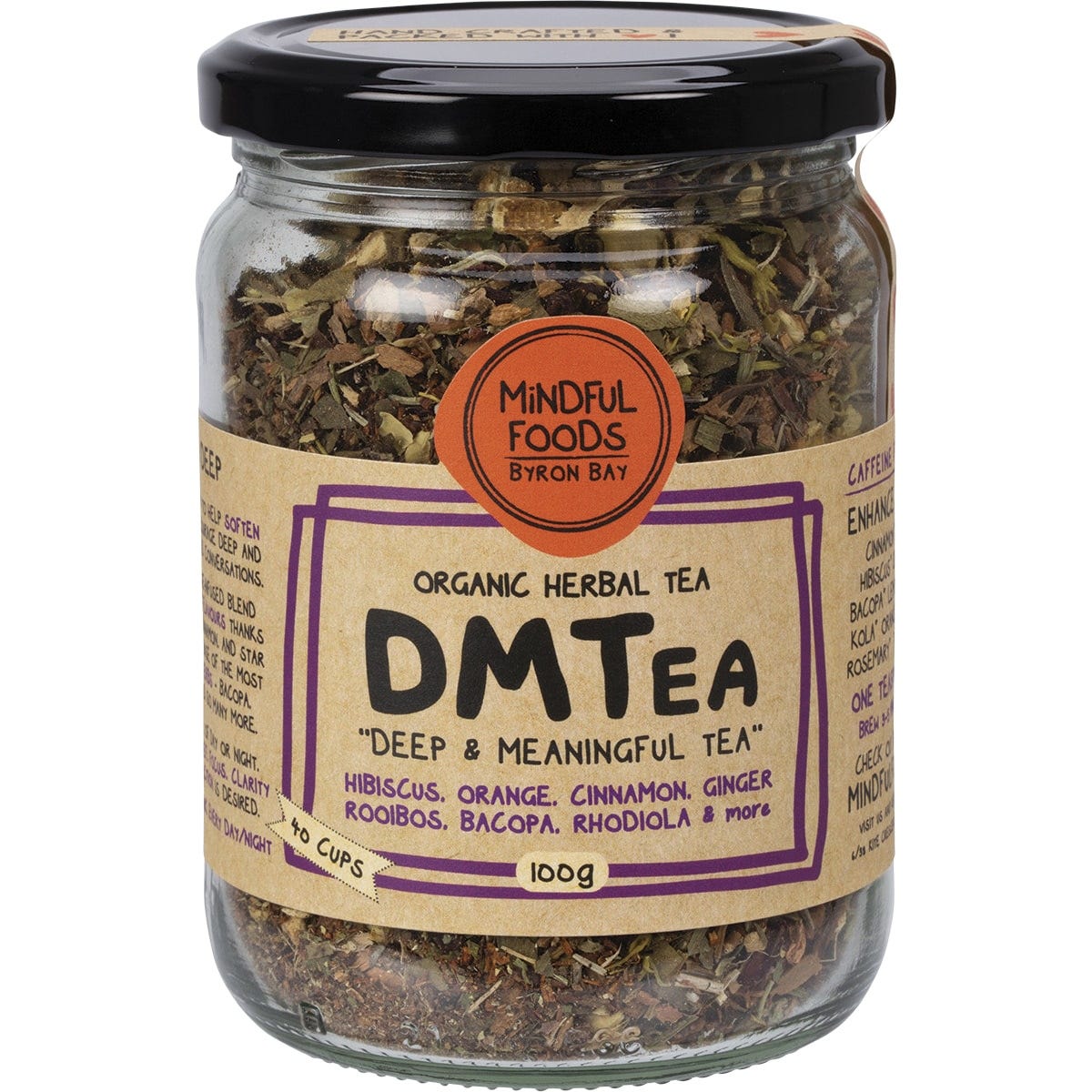 Mindful Foods DMTea 100g glass jar with orange label, featuring organic herbal ingredients like cinnamon and star anise.