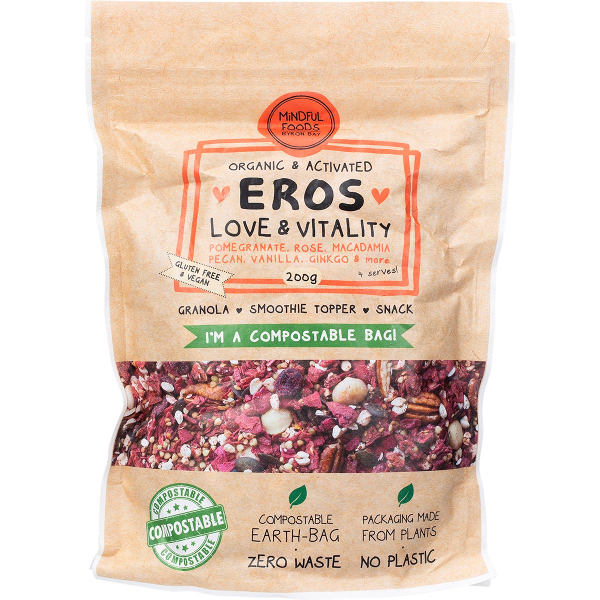 200g bag of Mindful Foods Eros Love and Vitality Granola with cranberries, pomegranate, and rose petals.