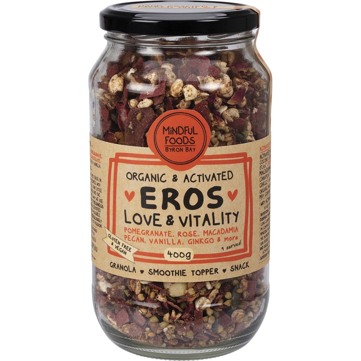 400g jar of Mindful Foods Eros Love and Vitality organic activated granola with pink labels and botanical illustrations.