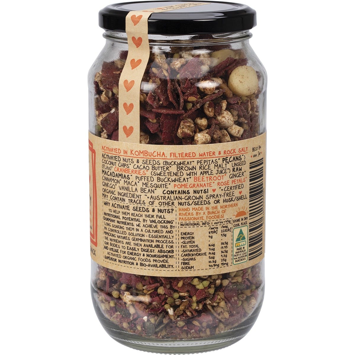 Back of Mindful Foods Eros Granola 400g jar showing nutrition facts, ingredients, and organic certifications.