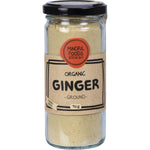 90g jar of Mindful Foods Organic Ginger powder with a gold lid and botanical label on a white background.