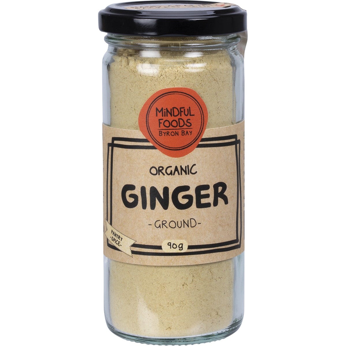 90g jar of Mindful Foods Organic Ginger powder with a gold lid and botanical label on a white background.