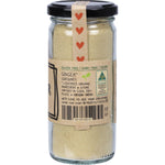 Side view of a 90g jar of Mindful Foods Organic Ginger showing product description and usage suggestions.