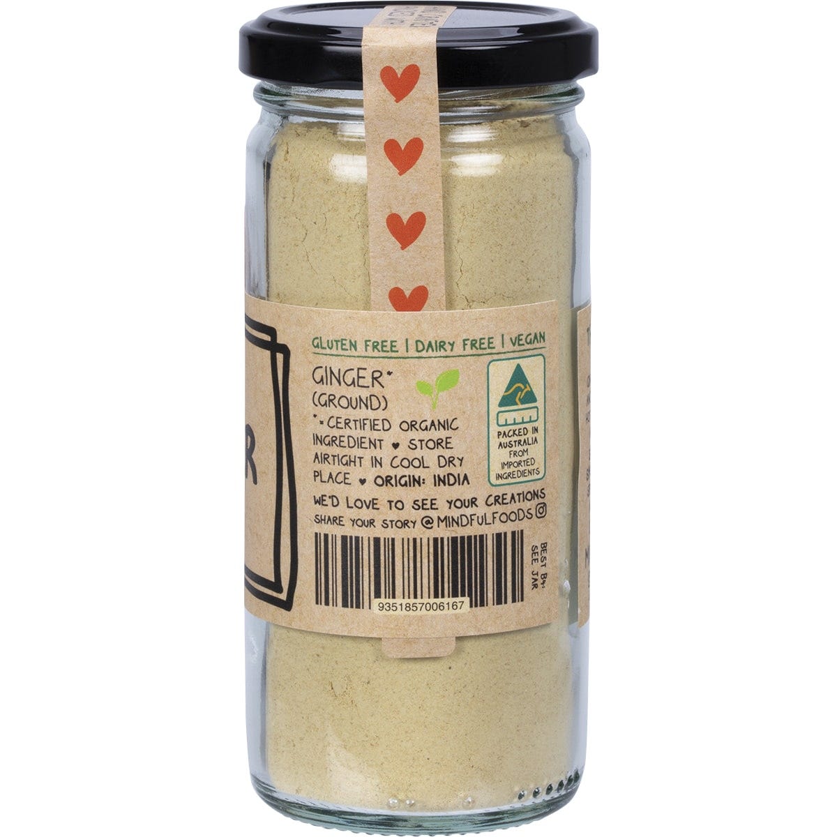 Side view of a 90g jar of Mindful Foods Organic Ginger showing product description and usage suggestions.