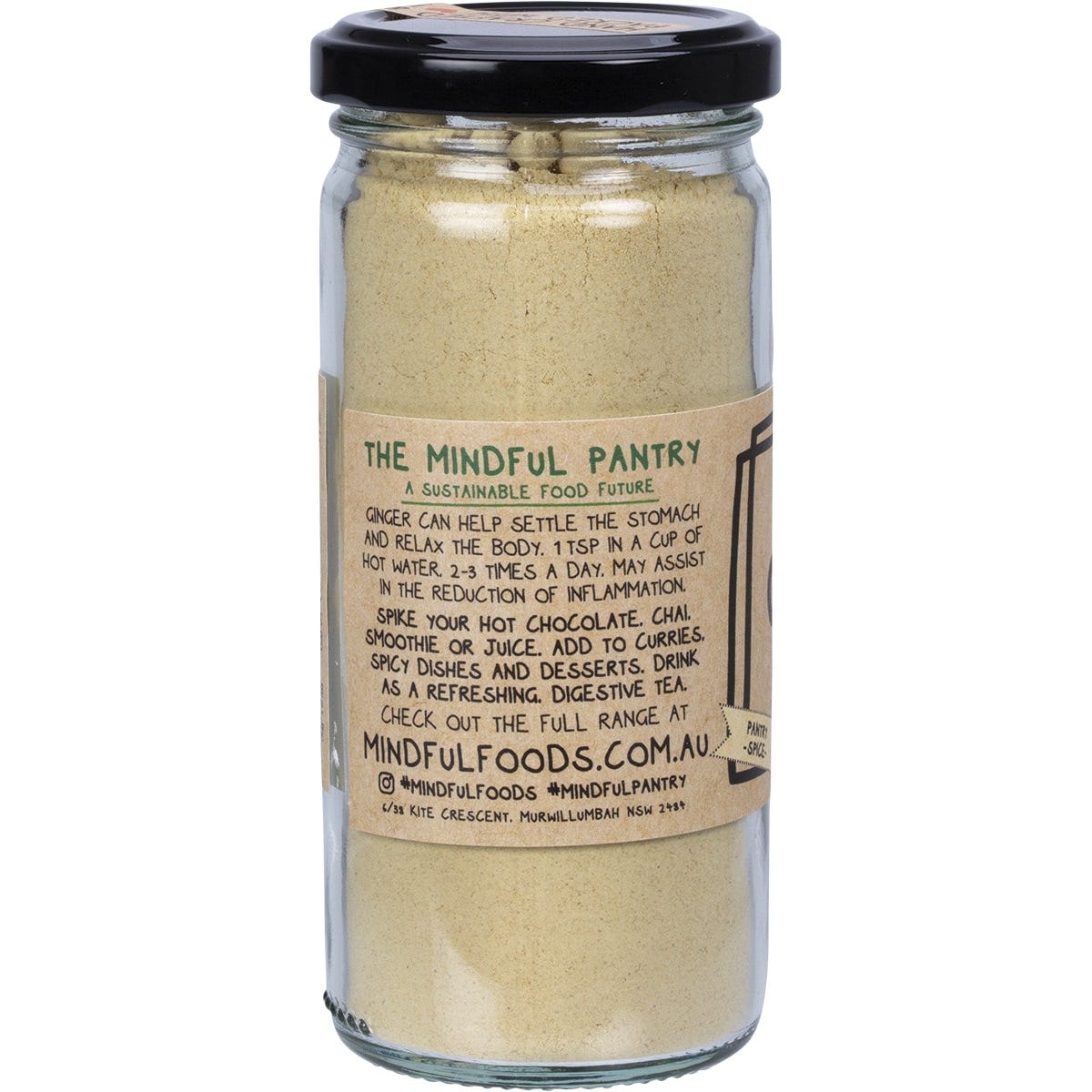 90g glass jar of Mindful Foods Organic Ginger powder with a gold lid and botanical label on a white background.