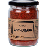 Mindful Foods Gochugaru 190g glass jar filled with vibrant Korean red pepper powder on a white background.