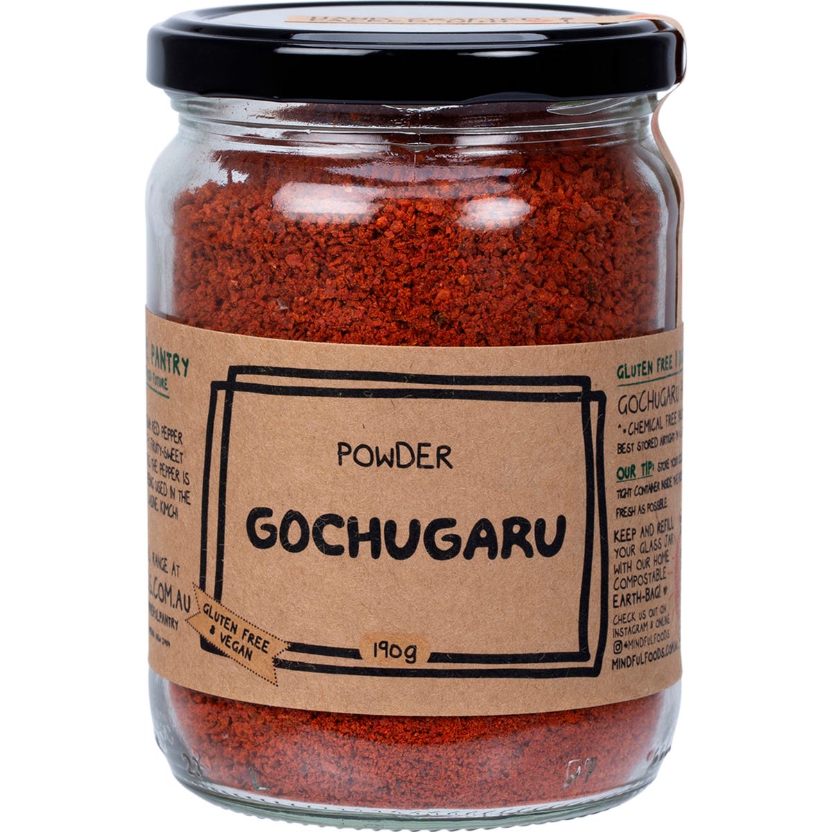 Mindful Foods Gochugaru 190g glass jar filled with vibrant Korean red pepper powder on a white background.