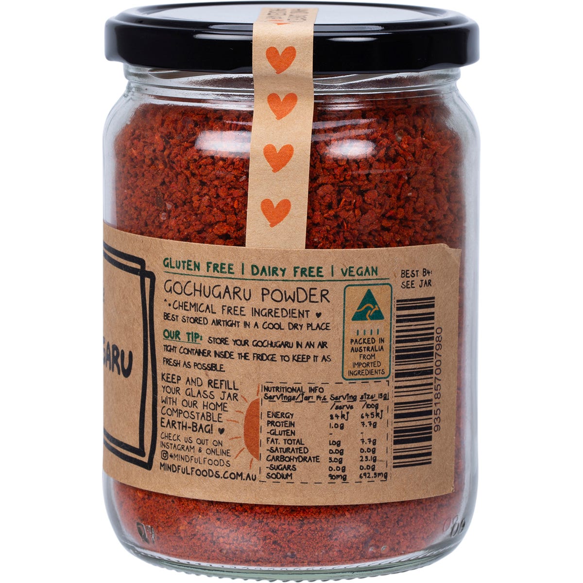 Mindful Foods Gochugaru 190g glass jar showing the back label with ingredients and nutritional information.