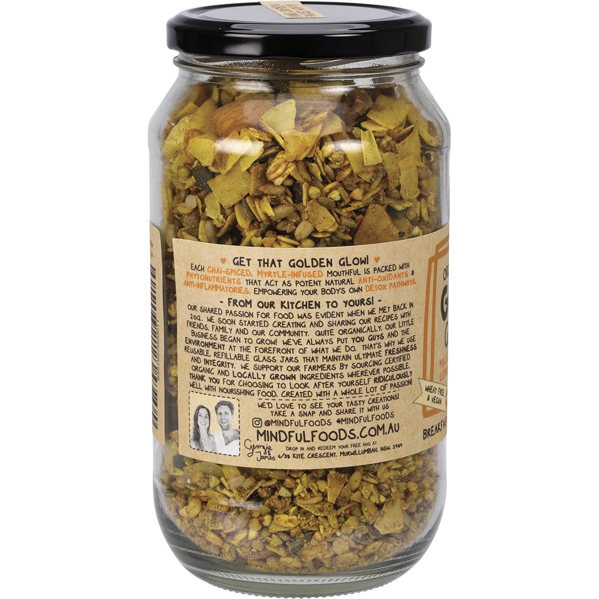 Side view of a 450g jar of Mindful Foods Golden Granola showing the nutritional information and ingredients.