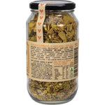 Side view of a 450g Mindful Foods Golden Granola jar highlighting product benefits and its organic, activated ingredients.