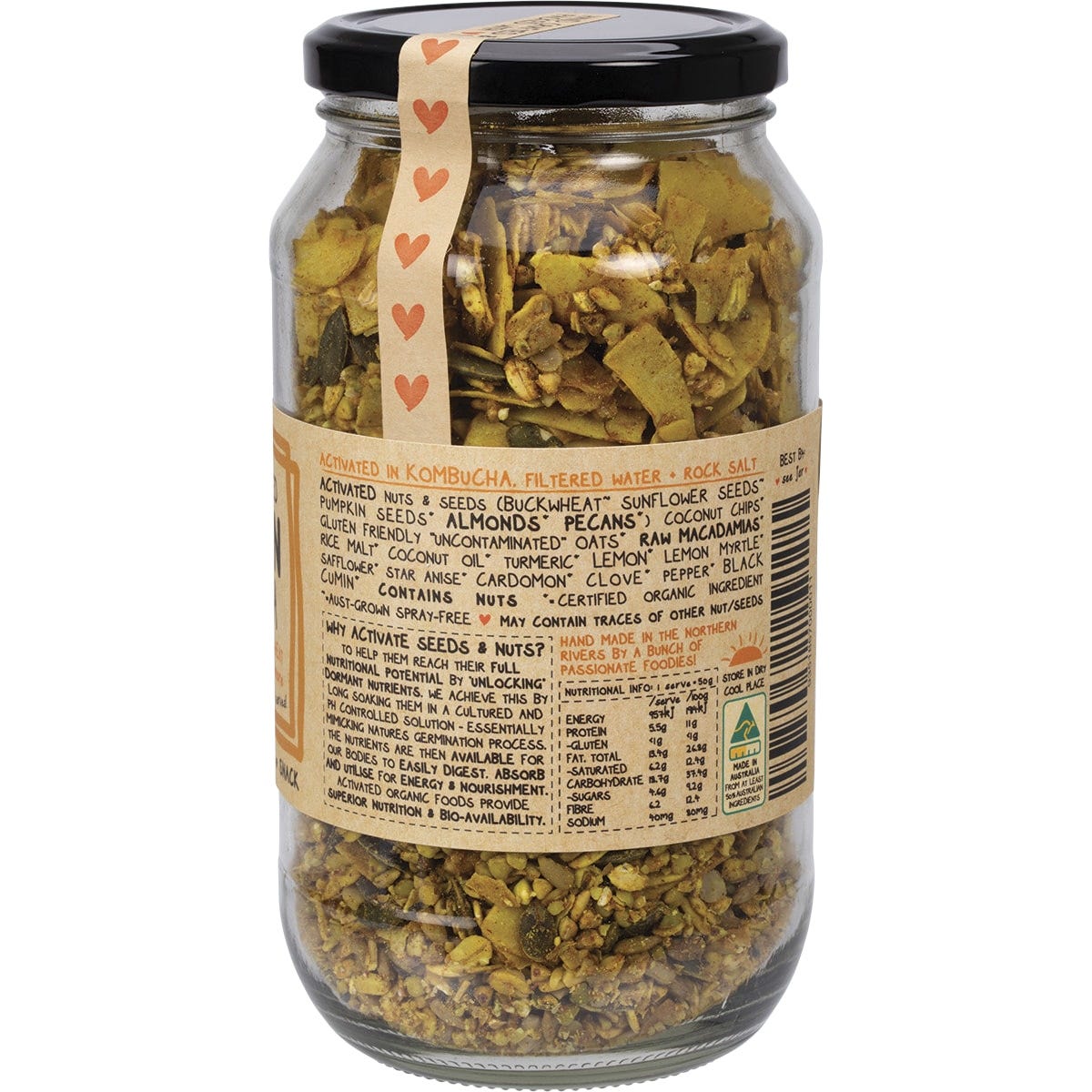 Side view of a 450g Mindful Foods Golden Granola jar highlighting product benefits and its organic, activated ingredients.